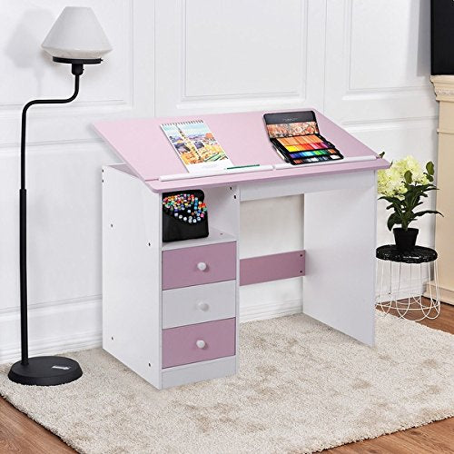 Costway Adjustable Top Drawing Desk Drafting Table Workstation Furniture w/Drawers