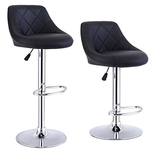 COSTWAY Set of 2 Adjustable Bar Stools PU Leather Modern Swivel Hydraulic Chrome Chair Dining Counter Chair (Black)