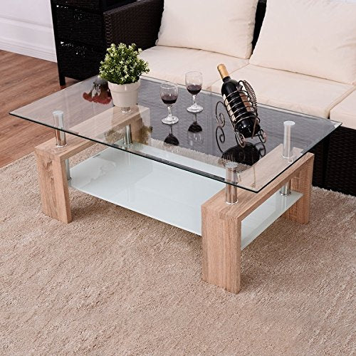 COSTWAY Rectangular Tempered Glass Coffee Table w/Shelf Wood Living Room Furniture