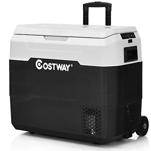 COSTWAY Car Refrigerator with Wheels, 42-Quart Dual-zone Electric Cooler with Telescopic Handle, 12V/24V DC, 100-240V AC, -4¡F To 50¡F, Portable Fridge Freezer for RV Camping Travel Home, White+Black