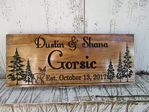 Carved Family Name Sign with Pine Trees and Deer, Custom Home Established Sign, C109