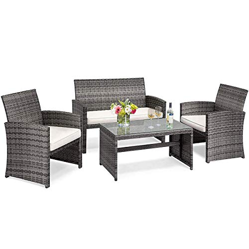 COSTWAY 4PCS Patio Rattan Furniture Set Conversation Glass Table Top Cushioned Sofa