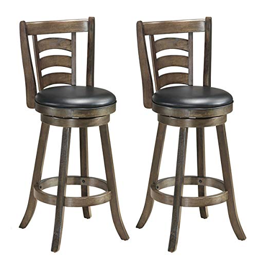 COSTWAY Vintage Bar Stools, Accent Rubber Wooden Swivel Bar Backed Dining Chair, Fabric Upholstered 360 Degree Swivel,Cushioned Seat, Perfect for Dining and Living Room (2*Height 29")