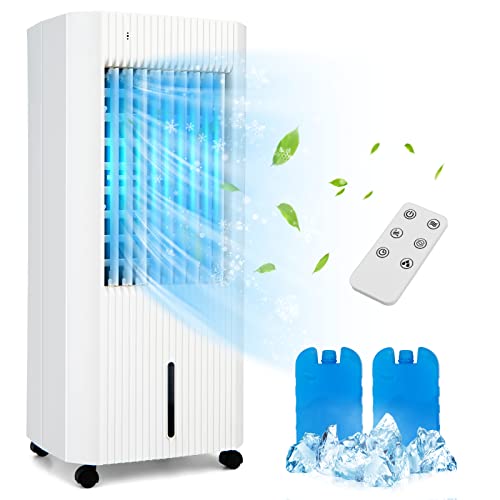 COSTWAY Evaporative Air Cooler, Portable Swamp Cooler with Remote Control, 2 Ice Packs, 15H Timer, 1.3 Gal Water Tank, 60¡Oscillation, Quiet Air Cooler Fan for Bedroom Office Home