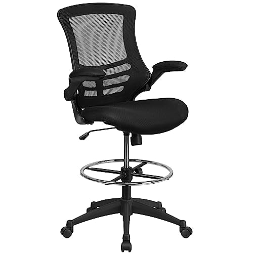 Flash Furniture Kelista Mid-Back Black Mesh Ergonomic Drafting Chair | Adjustable Foot Ring, Flip-Up Arms | Comfort and Productivity