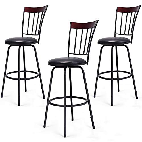 COSTWAY Bar Stools, Modern Swivel Height-Adjustable PU Leather Counter Metal Chair with Ergonomic Backrest & Footrest, for Bistro Pub Dining Room Kitchen Furniture Set of 3