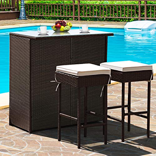 COSTWAY 3PCS Patio Rattan Wicker Bar Table Stools Dining Set Cushioned Chairs Garden