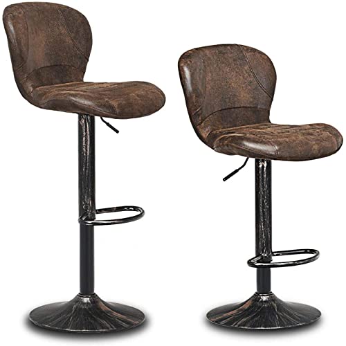 COSTWAY Bar Stools Set of 2, Adjustable Swivel Barstools with Back, Hot-Stamping Cloth and Chrome Footrest, Barstools Bar Height Chairs for Kitchen Dining Living Bistro Pub, Retro Brown