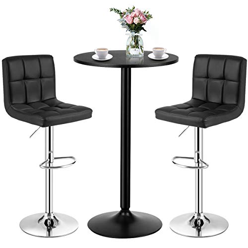 COSTWAY 3-Piece Bar Table Set, Round Cocktail Table and PU Leather Adjustable Swivel Chairs, Modern Counter Height Table Set with 2 Bar Stool for Kitchen, Office (Black)