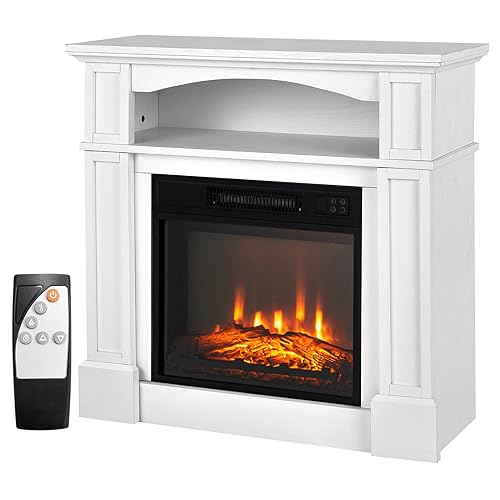 COSTWAY 32-inch Electric Fireplace with Mantel, 1400W Adjustable Freestanding Heater with Remote Control, Thermostat Design, 6H Timer, 3D Flame Brightness, Mantel Fireplace for Living Room, White