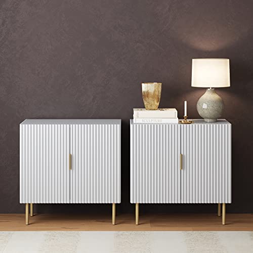 Nathan James Modern Storage, Buffet, Sideboard, Free Standing Accent Cabinet for Hallway, Entryway or Living Room, Set of 2, White/Brass