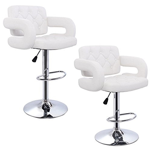 COSTWAY Adjustable Bar Stool with Armrests PU Leather Pub Chair, Set of 2 (White)