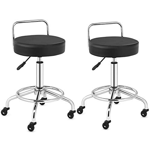 COSTWAY Pneumatic Work Stool, Set of 2 Swivel Height Adjustable Rolling Stool with Footrest, Cushioned Seat, Sturdy Metal Structure, Backrest for Home Office Massage SPA Salon
