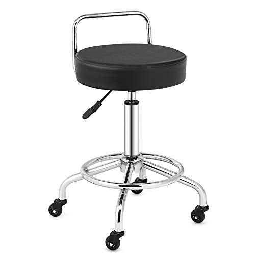 COSTWAY Pneumatic Work Stool, Swivel Height Adjustable Rolling Stool with Footrest, Cushioned Seat, Sturdy Metal Structure, Backrest for Home Office Massage SPA Salon (1 Stool)