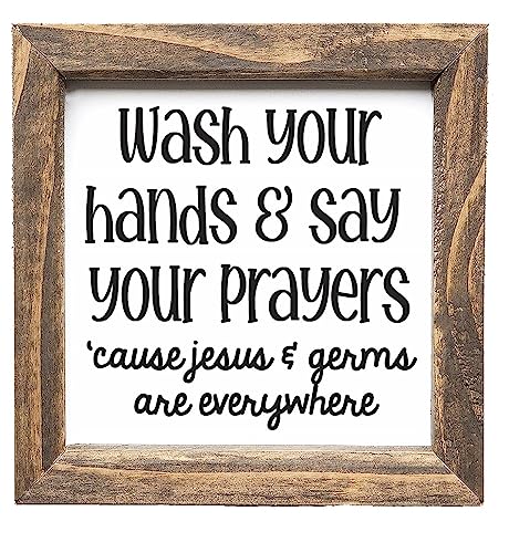 Wash Your Hands and Say Your Prayers Jesus and Germs are Everywhere Funny Wood Bathroom Sign, Farmhouse Bathroom, Washroom Shelf Decor, Framed Wall Art Made In USA