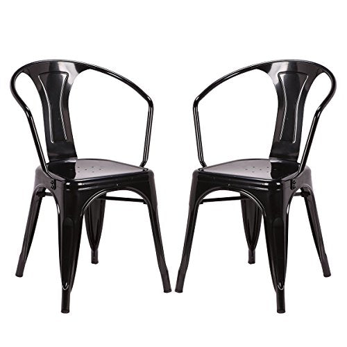 COSTWAY Tolix Style Dining Chairs Industrial Vintage Chic Metal Stackable High Back Indoor Outdoor Dining Bistro CafŽ Kitchen Arm Side Chairs Set of 2 (Black)