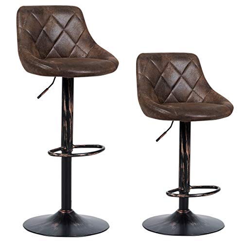 COSTWAY Set of 2 Adjustable Bar Stools, Swivel Bar Chairs with Backrest and Footrest, Counter Height Chairs for Bar, Kitchen, Dining Room, Living Room and Bistro Pub, Retro Brown