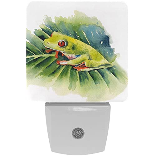 2 Pack Plug-in Nightlight LED Night Light Frog Red-Eyed Tree Frog on Leaf Watercolor, Dusk-to-Dawn Sensor for Kid's Room Bathroom, Nursery, Kitchen, Hallway