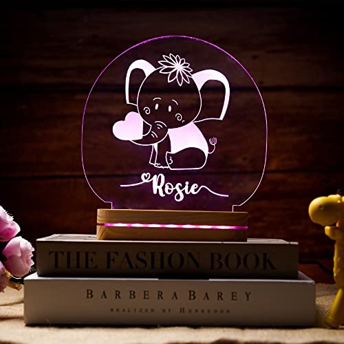 Personalized Baby Elephant Night Light with Name Custom Acrylic LED Lamp Birthday Gift for Kids Toddlers Boys Girls Home Bedroom Nursery Decor