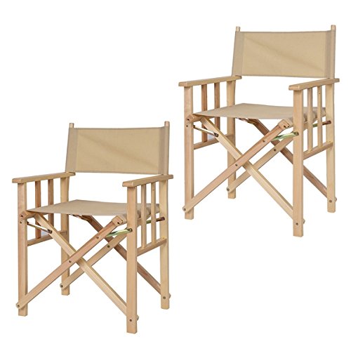 COSTWAY 34'' Set of 2 Folding Makeup Director Chairs Wood Camping Fishing Beige