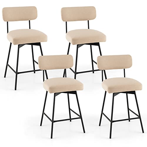 COSTWAY Bar Stools Set of 4, 25Ó Upholstered Counter Height Bar Stools with Back, 360¡ Swivel Dining Chairs with Heavy-Duty Metal Legs and Footrests, for Kitchen Island, Dining Room, Bar (4, Beige)