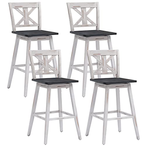 COSTWAY Bar Stools Set of 4, 360 Degree Swivel, 29-inch Height Chairs w/Non-Slip Foot Pads, Rubber Wood Bar Chairs, Vintage Bar Stools for Home, Restaurant (White)