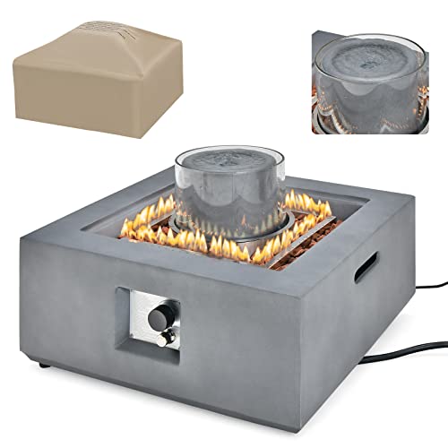 COSTWAY 28" Patio Fountain Fire Pit Table, 50,000 BTU Square Fire Table w/Middle Fountain & Wind Glass, Stainless Steel Burner, PVC Cover Included, Magnesium Oxide Firepit for Poolside, Backyard