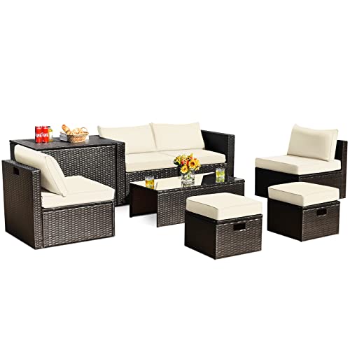 COSTWAY 8PCS Patio Rattan Furniture Set Space-Saving Storage Cushion W/Cover Off White