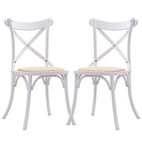 COSTWAY Cross Back Dining Chairs Set of 2 Solid Wooden Frame Antique Style Side Chairs for Kitchen Rooms with Rattan Seat (White)