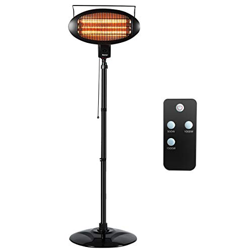 COSTWAY Electric Patio Quartz Heater with Remote Control, 1500W Halogen Freestanding Heater with Overheat Protection, Tip-Over Shut Off Waterproof Heater with 3 Power Levels for Yard/Garage/Outdoor