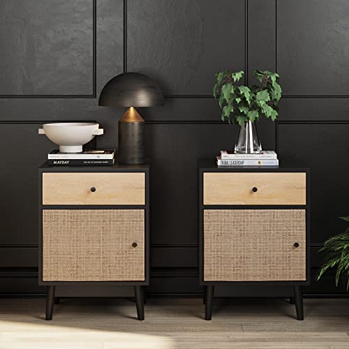 Nathan James Bonnie Wood End Side Accent Table with Storage for Living Room or Bedroom, Set of 2, Black Oak/Rattan