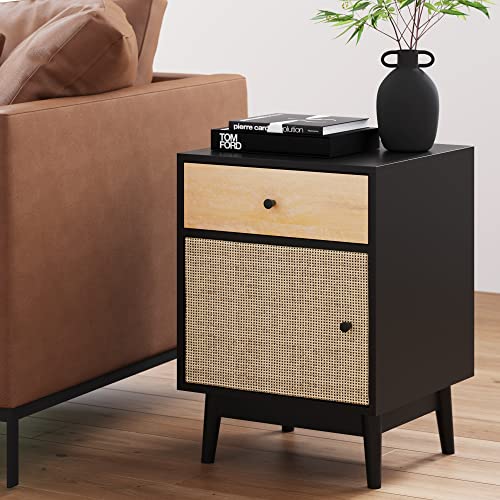 Nathan James Bonnie Wood End Side Accent Table with Storage for Living Room or Bedroom, 1, Black Oak/Rattan