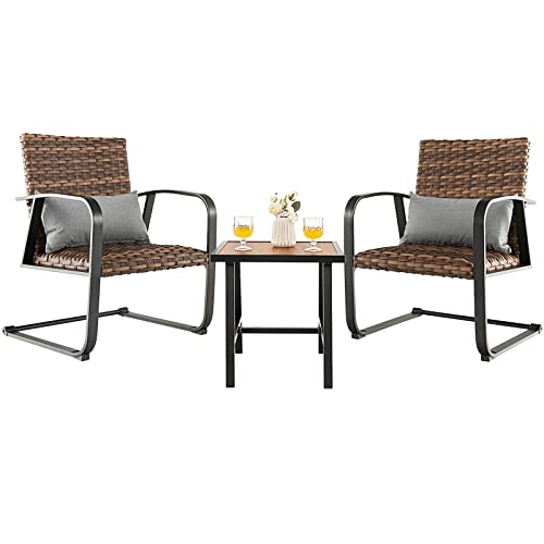 COSTWAY 3 PCS Patio Rattan Furniture Bistro Set C-Spring Chair Padded Seat & Back Pillow