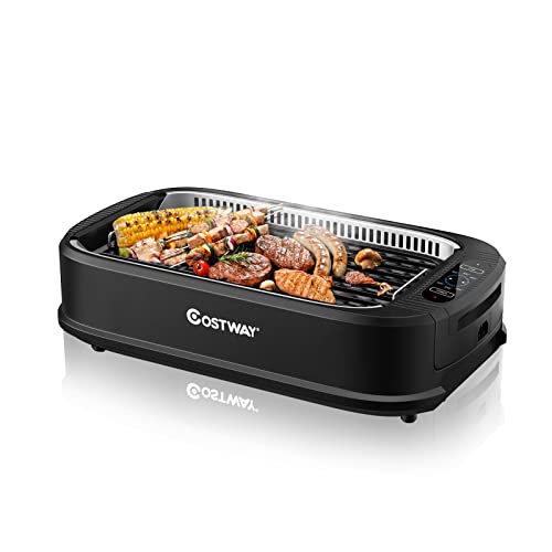 COSTWAY Indoor Smokeless Electric Grill, BBQ Grill 1500W with Dishwasher Nonstick Plate, Removable Oil Collection Tray, Smoker Extractor Fan, 248_ to 446_ Temperature Control Grill, FDA Certification