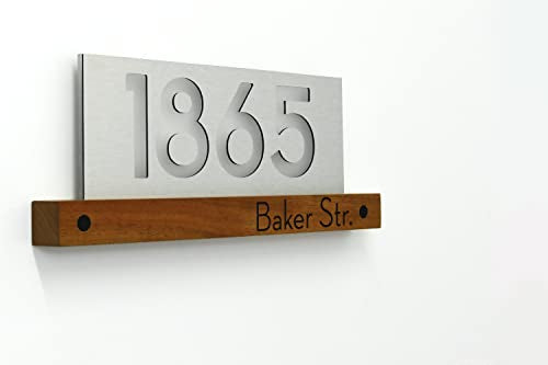 Modern House Numbers - LED Light 5V or 12V - Iroko Wood & Brush Silver Plaque - Contemporary Home Address Plaque - Backlit Sign