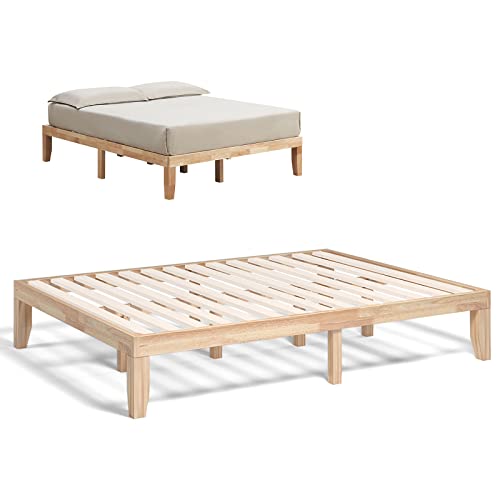 COSTWAY Queen Size Platform Bed Frame, 14 Inches Solid Rubber Wood Bed Mattress Foundation with Sturdy Slats Support, Easy Assembly Bed Frame for Home Hotel, No Box Spring Needed (Natural, Queen)