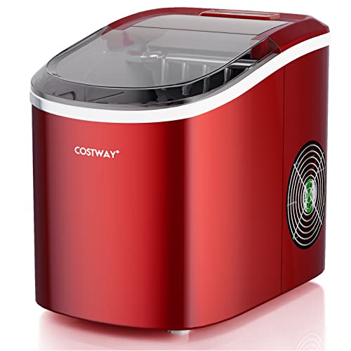 COSTWAY Countertop Ice Maker, Self-Cleaning Function, Ready in 6 Minutes, 27 LBS/24H Portable Bullet-Shaped Ice Cube Maker with Scoop, Removable Basket, Compact Ice Machine for Home, Office, Red