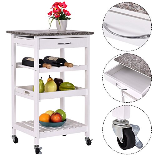 Costway 4-Tier Rolling Wood Kitchen Trolley Island Cart Storage Shelf Drawer Wine Rack