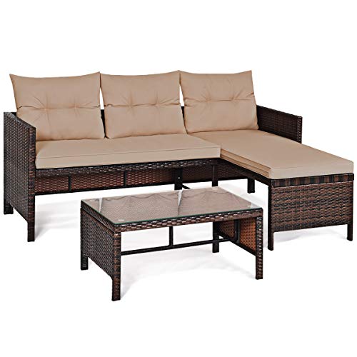 COSTWAY 3PCS Patio Wicker Rattan Sofa Set Outdoor Sectional Conversation Set Garden Lawn Brown