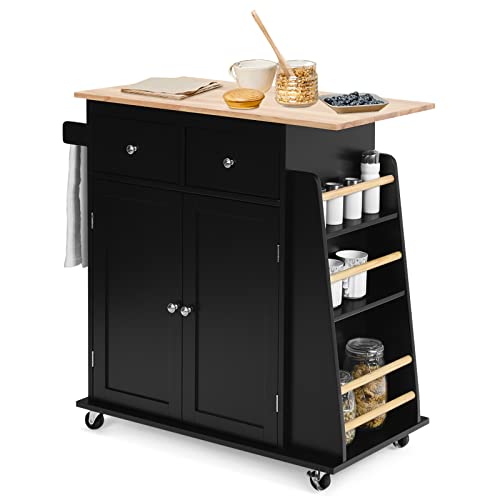 COSTWAY Kitchen Island on Wheels, Utility Trolley Cart with Adjustable Shelf, 2 Drawers, 3-Tier Spice Rack, Towel Rack, 2-Door Cabinet, Rubber Wood Countertop, Lockable Casters for Dining Room (Black)