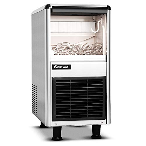 COSTWAY Commercial Ice Machine, 110LBS/24H Stainless Steel Ice Maker with 33LBS Storage Capacity, LCD Display, High efficient Compressor, Free-Standing Design for Restaurant, Bar and Coffee Shop