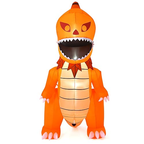 COSTWAY 8ft Halloween Inflatables Pumpkin Head Dinosaur, Large Blow Up Halloween Dinosaur with LED Lights & 4 Stakes