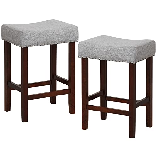 COSTWAY Counter Height Bar Stools Set of 2, 25-inch Backless Saddle Stools with Nailhead Trim, Rubber Wood Frame, Footrest, Max Load 330 Lbs, Upholstered Barstools for Kitchen Island Pub, Grey