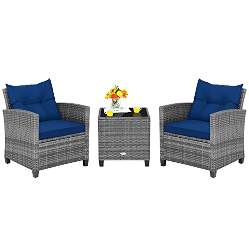 COSTWAY 3PCS Patio Rattan Furniture Set Cushioned Conversation Set Coffee Table Navy Blue