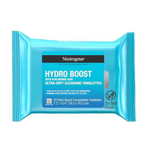 Neutrogena Hydro Boost Facial Cleansing Towelettes with Hyaluronic Acid, Hydrating Makeup Remover Face Wipes Remove Dirt & Waterproof Makeup, Hypoallergenic, 100% Plant-Based Cloth, 25 ct