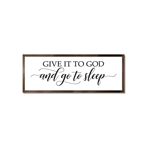 Give it to God and go to sleep master bedroom wall decor over the bed horizontal framed bedroom decor sign (12" x 36", Walnut stain frame)