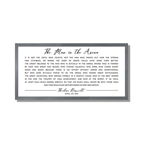 Motivational wall art-office wall decor-inspirational signs-The Man in the Arena framed-motivational signs-office signs-Theodore Roosevelt (20" x 48", White Background, Frame Stain Gray)