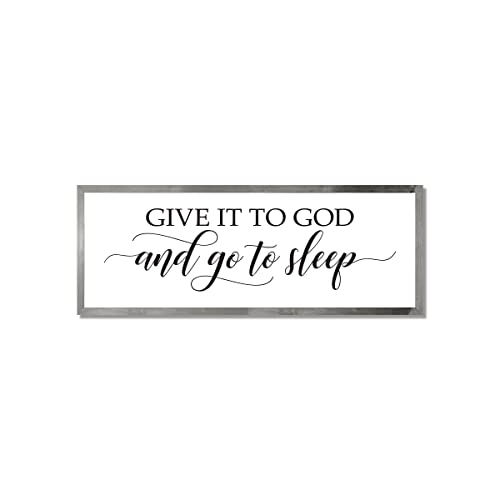 Give it to God and go to sleep master bedroom wall decor over the bed horizontal framed bedroom decor sign (16" x 48", Gray stain frame)