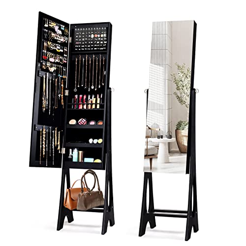 COSTWAY 12 LED Mirror Jewelry Cabinet, Freestanding Jewelry Storage Organizer w/Full Length Mirror, Large Capacity Jewelry Armoire w/Bottom Shelf, Mirror with Jewelry Storage for Women Girls (Black)