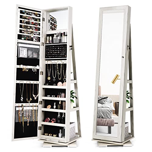 COSTWAY 360 Rotating Jewelry Armoire Cabinet, Standing Jewelry Organizer w/Full-Length Mirror & Large Storage Space, Lockable Mirror Jewelry Cabinet for Girls Women (White)